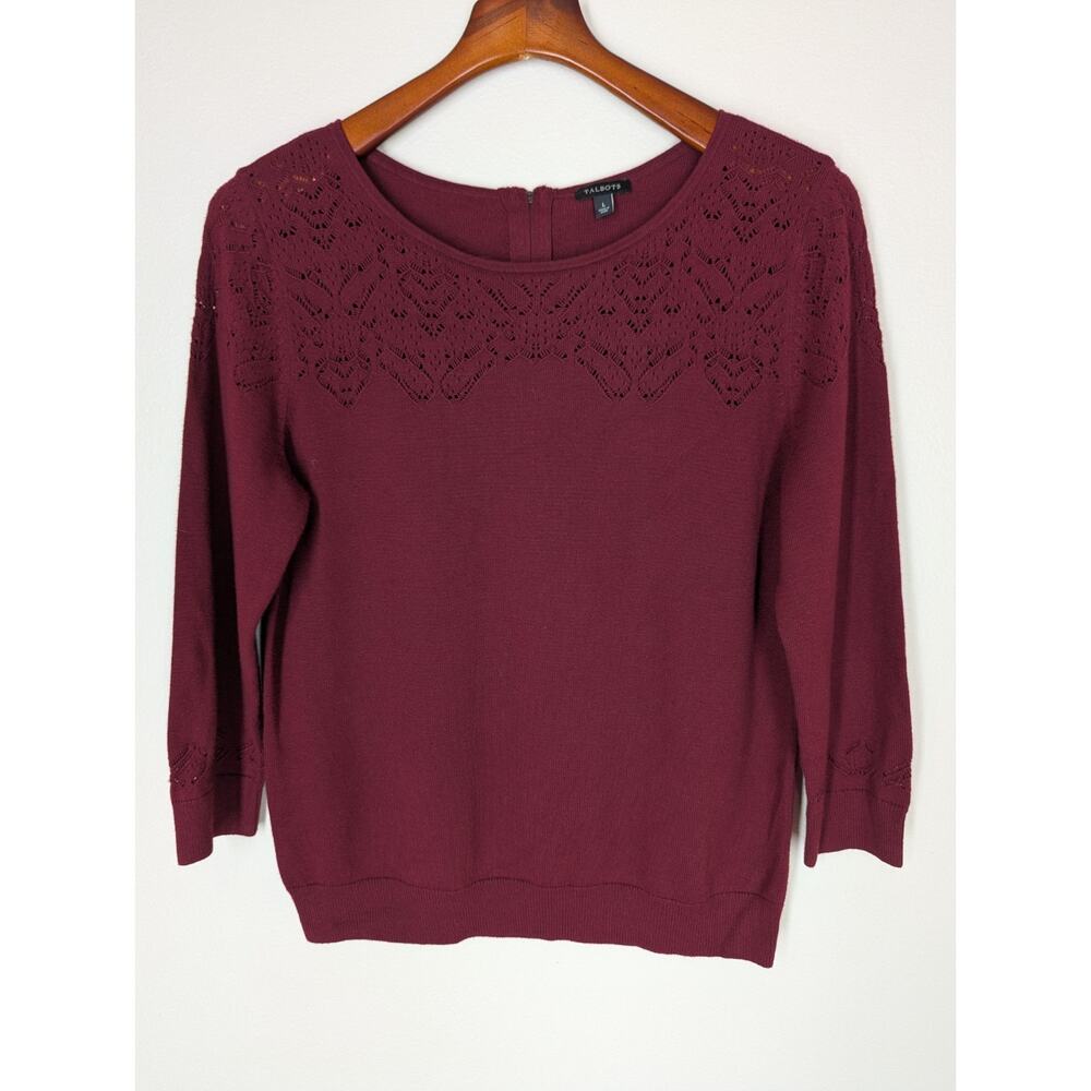 Talbots Women's Large Sweater Red Long Sleeve Open Knit Cotton Blend Zip Back